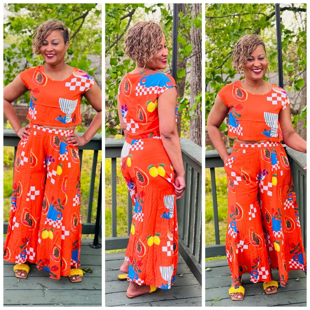 Orange Floral Wide-Leg Pantsuit with Fitted Bodice